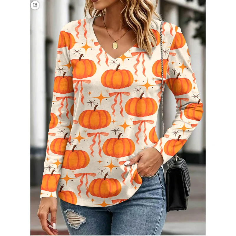 Pumpkin Ghost Print for WomenVCollar Long SleeveTCasual and versatile women's top for work and everyday wear