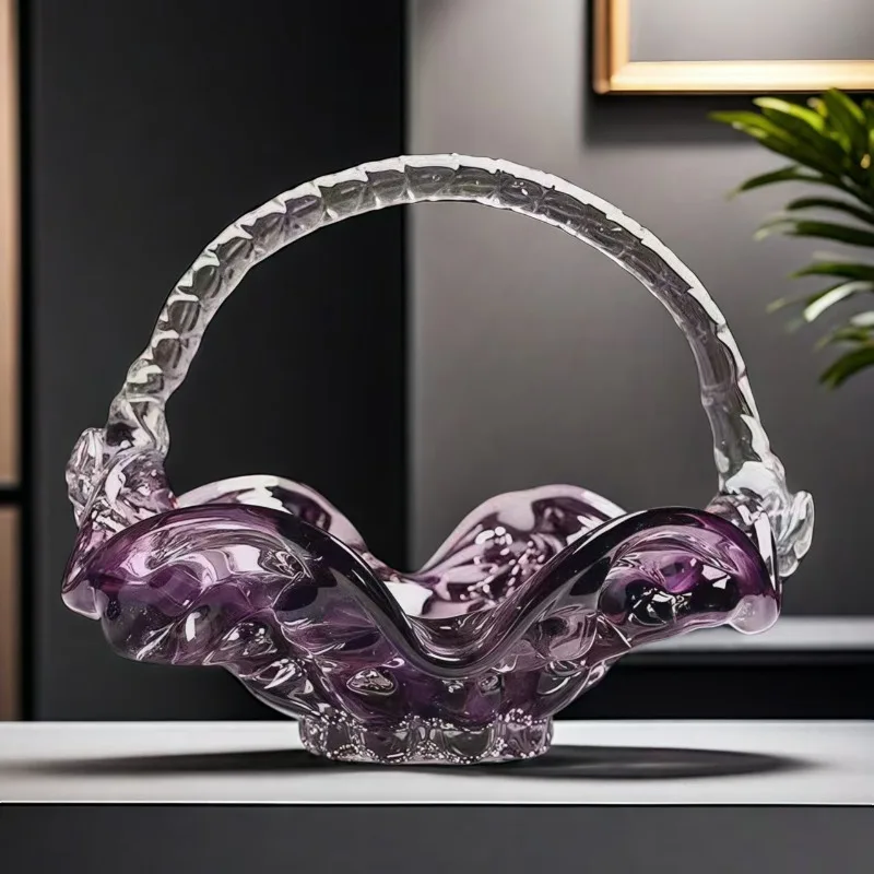 Glazed purple hand basket fruit plate light luxury home art fruit plate decorative vase ornament living room storage fruit baske