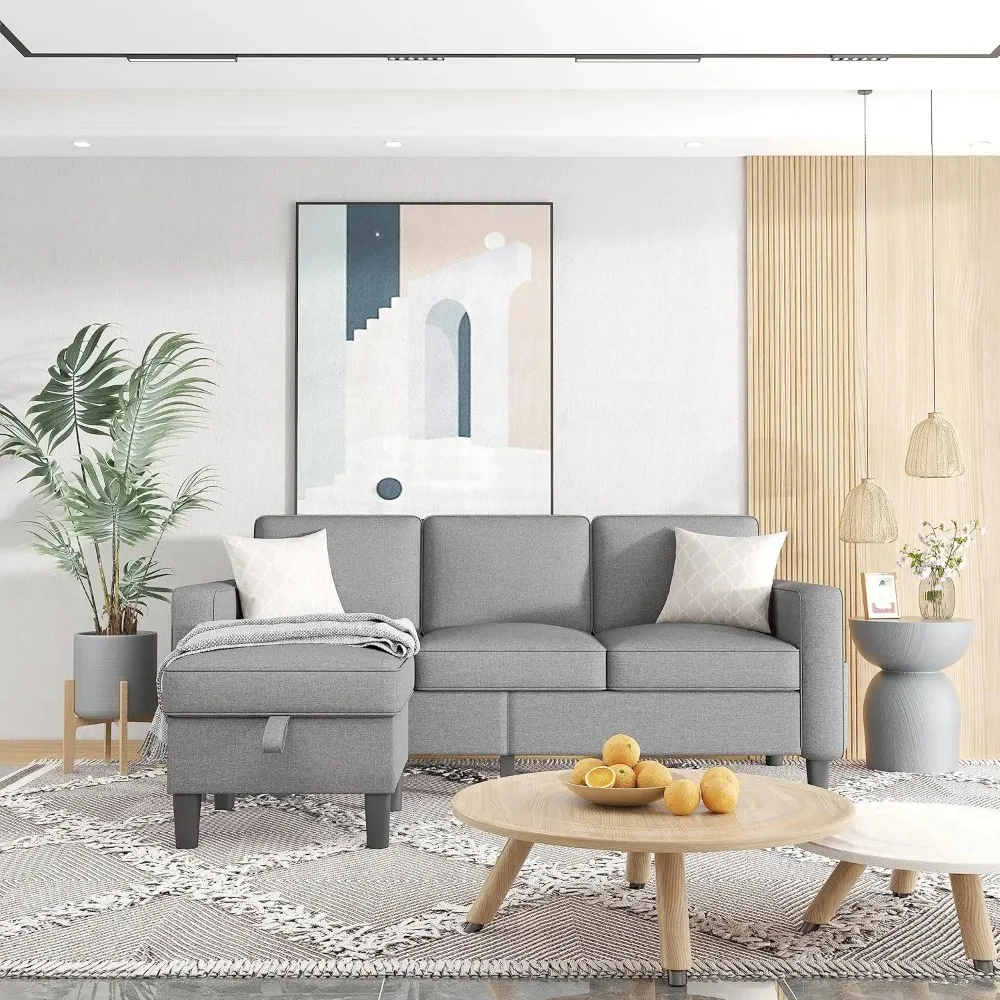 

Convertible Sectional Sofa Couch,Modern Light Grey Linen 3 Seat L-Shaped Sectional Sofa Couch Furniture with Storage Ottoman