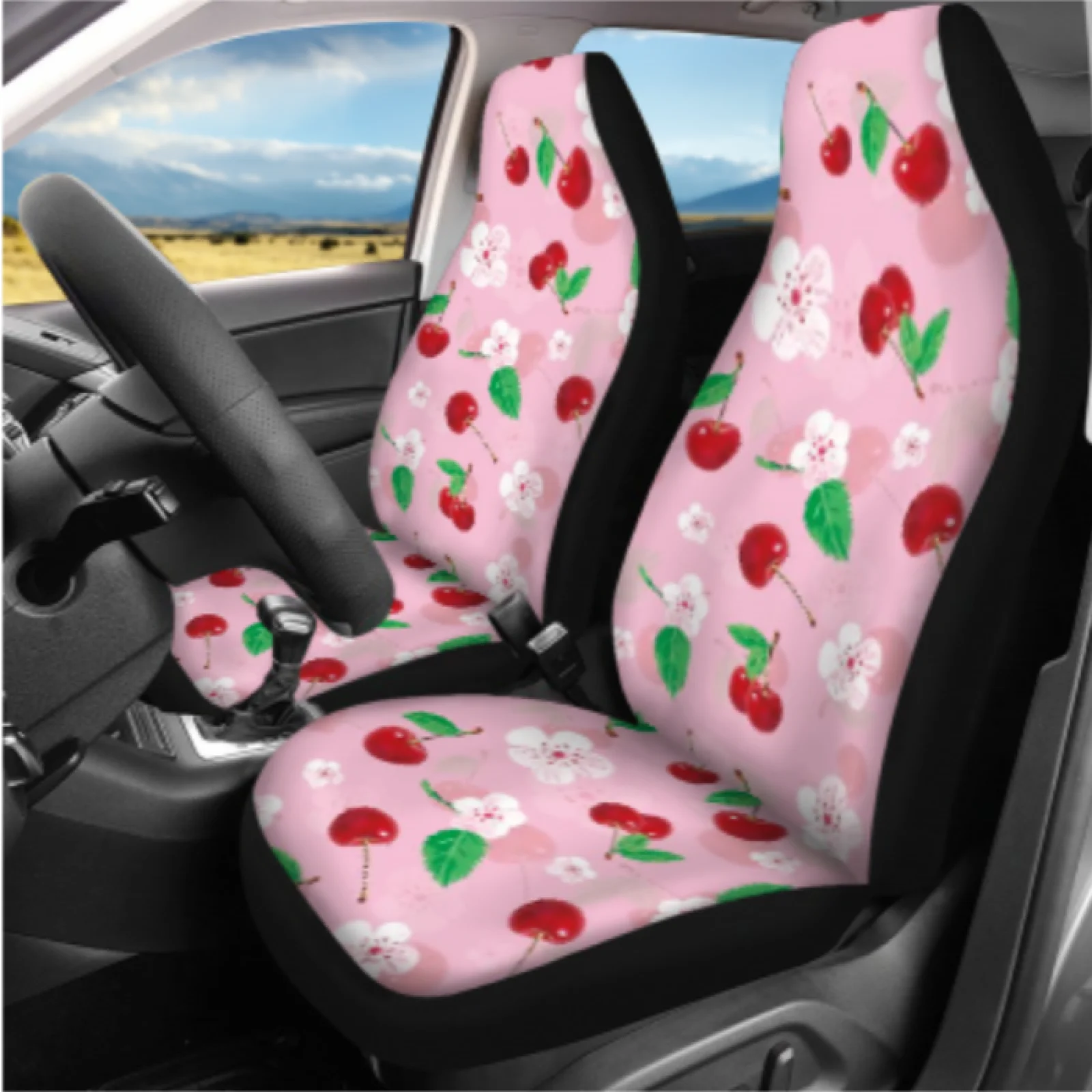 Coloranimal Cherry Floral Set of 14 Car Seat Covers Sets with Comfortable Steering Wheel Cover and Car Armrest Box Pad for Auto