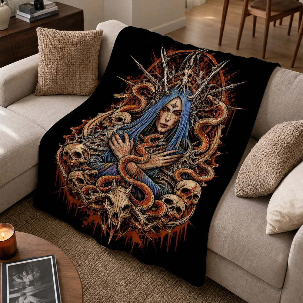 Heavyweight Gothic Skull Snake Occult Throw Blanket Couch Tapestry Boho Witchy Mystical Dark Academia Horror Decoration Accent C