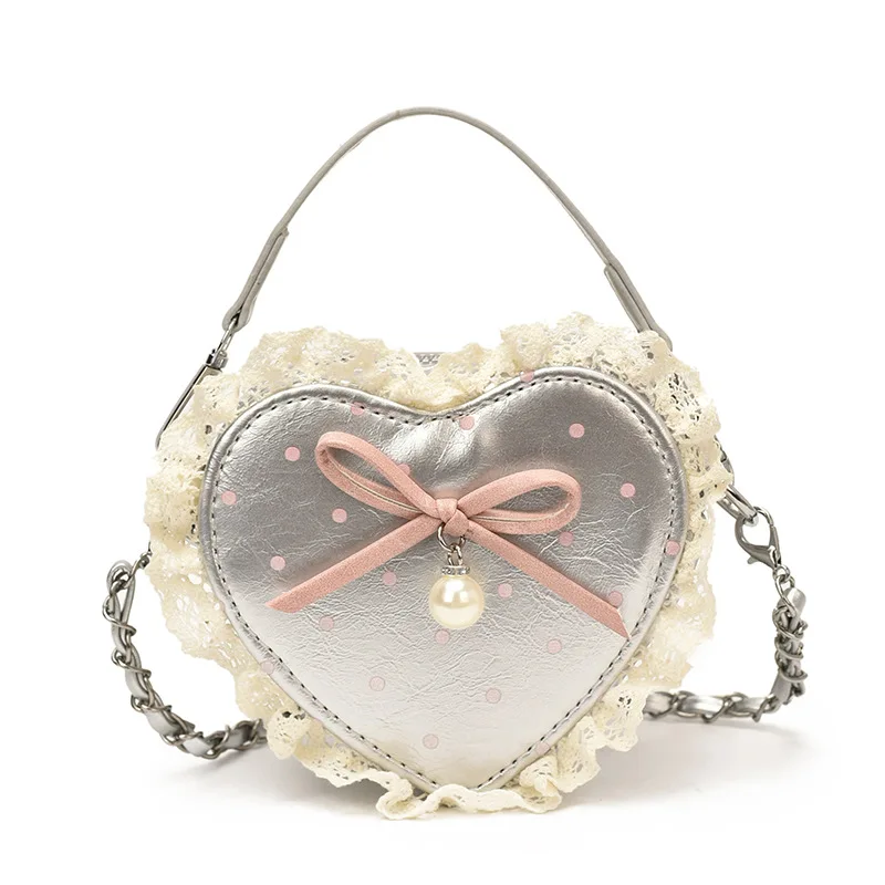 Cute Girls Ruffled Lace Trim Polka Dot Heart Shaped Crossbody Bag Bow Pearl Pendant Adjustable Kids Metal Chain Shoulder Purse