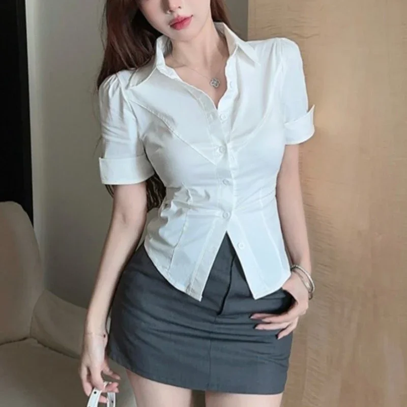 White Sexy Slim Fit Blouse Women Summer Waist Slimming Turn Down Collar Cropped Shirts Woman Y2K Fashion Button Up Crop Tops