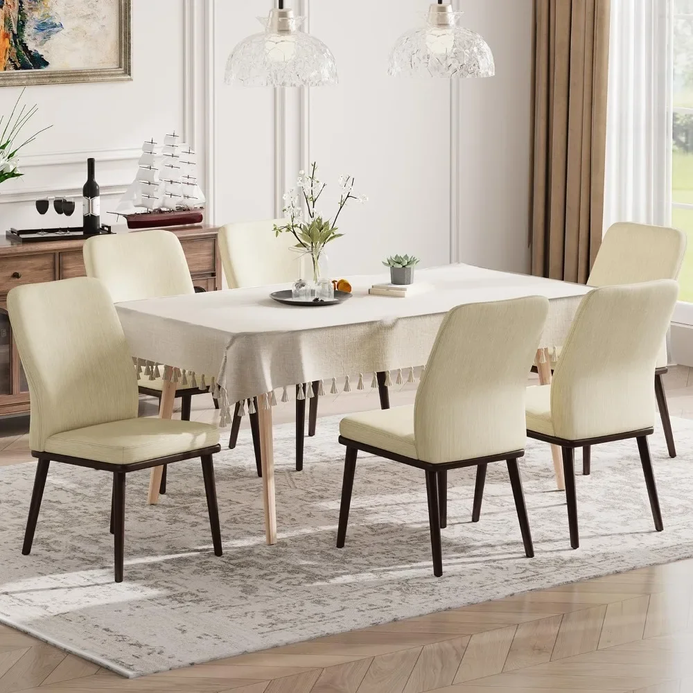 

Wooden Dining Chairs Set of 6, Modern Fabric Upholstered Chair with Wooden Legs for Kitchen Dining Room and Cafe, Beige