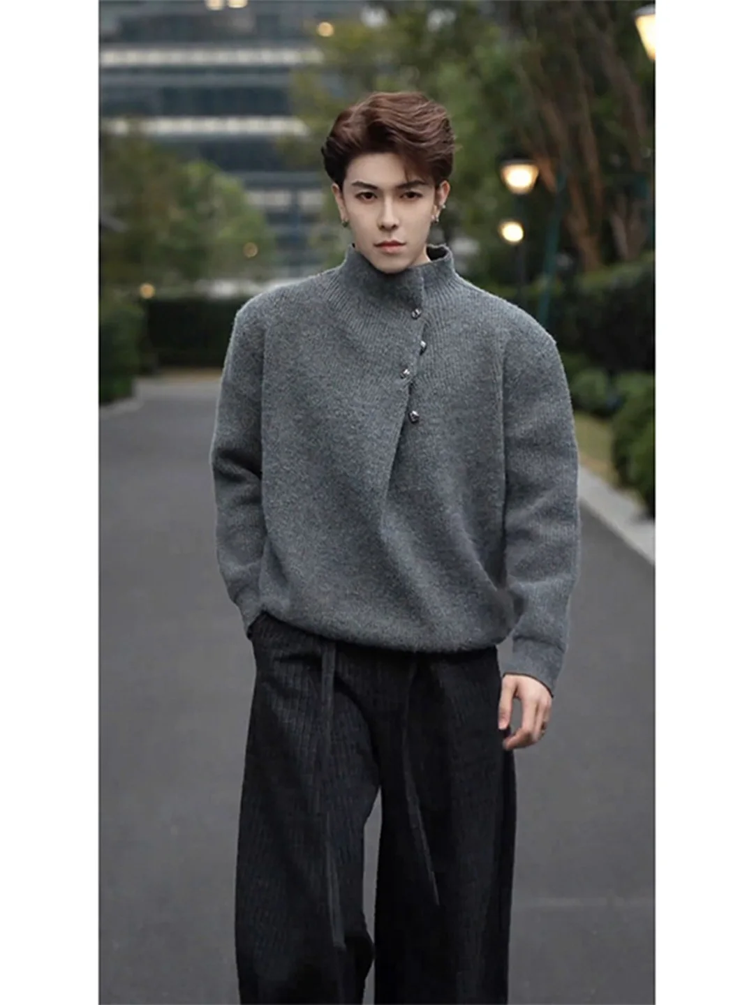 

ay f-High Collar Knitted Sweater for Men Faionable Cleanfit Design Winter Button up Soft Polyester Long Sve Urban S...