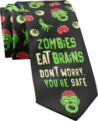 Crazy Monster Brain Halloween Gothic Men's Neckties Zombies Eat Brains Don’t Worry You’re Safe Halloween Tie