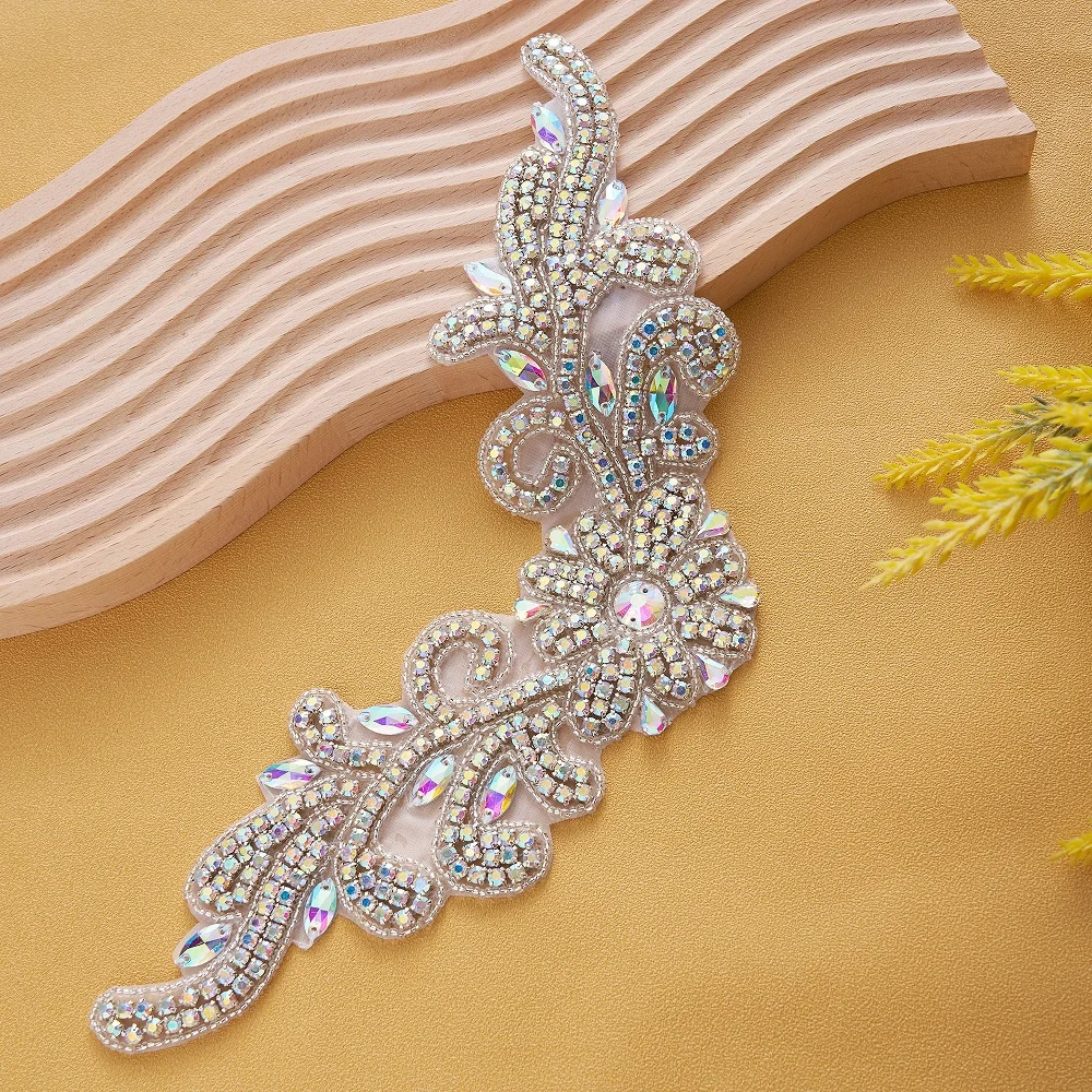 FZD 1 Piece Clear Flower Rhinestones Applique Wedding Beaded Crystal Oval Patches Sew On Bridal Motif Hotfix Appliques Patches