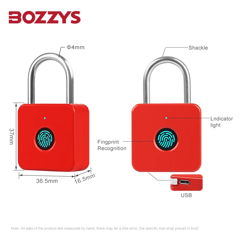 Red Fingerprint Padlock Smart 10 Users 05s Unlock PC ABS Plastic Body USB C Rechargeable 500N Anti Cut Travel Lock