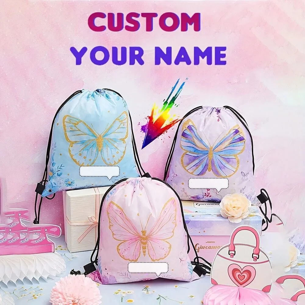 Custom Name Drawstring Pocket With Cute Butterfly Pattern Bag Backpack for Unisex Traveling Sports Swimming Outdoor Daily Use