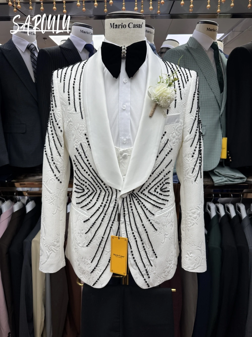

Jacquard White Men Suits Set 2 Pcs Blazer+Black Pants Trousers Wedding Tuxedo Stone Crystals Formal Office Groom Jacket Coat