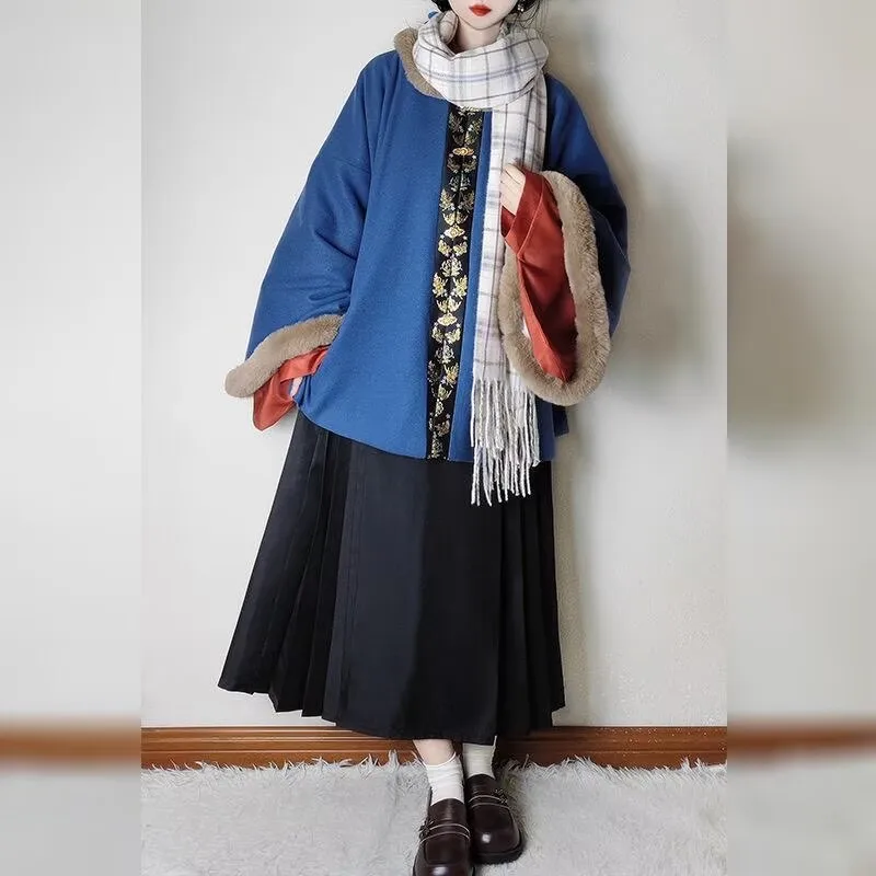 

Winter Hanfu Dress Women Ancient Chinese Traditional Hanfu Suits New Year Costume Thickened&Warm Red Blue 4pcs/3pes Sets Girls