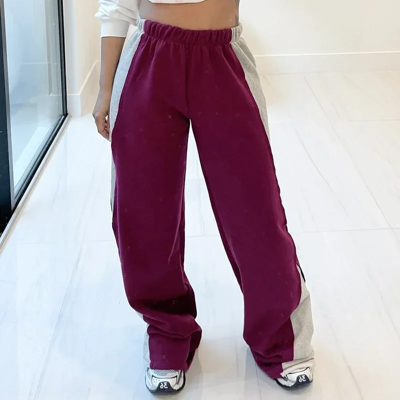 Patchwork Casual Fleece Sports Trousers Women Hipster High Waisted Wide Leg Pants Fall Winter 2024 Harajuku Streetwear