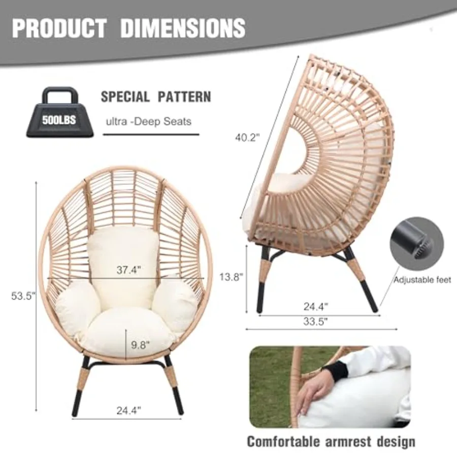 Oversized Wicker Egg Chair for Outdoor Indoor Use, Beige, Weather-Resistant Natural Fiber Weave with Ergonomic Design