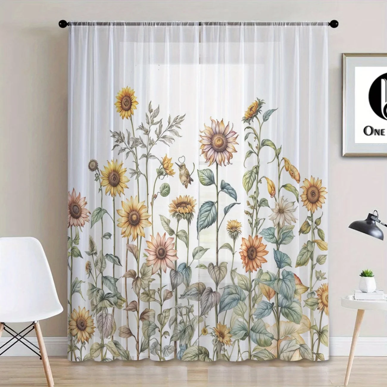 2PCS Digital Printed Sheer Curtain, Sunflower Field Cluster, Summer Meadow Golden Floral for Living Room Bedroom Home Decor
