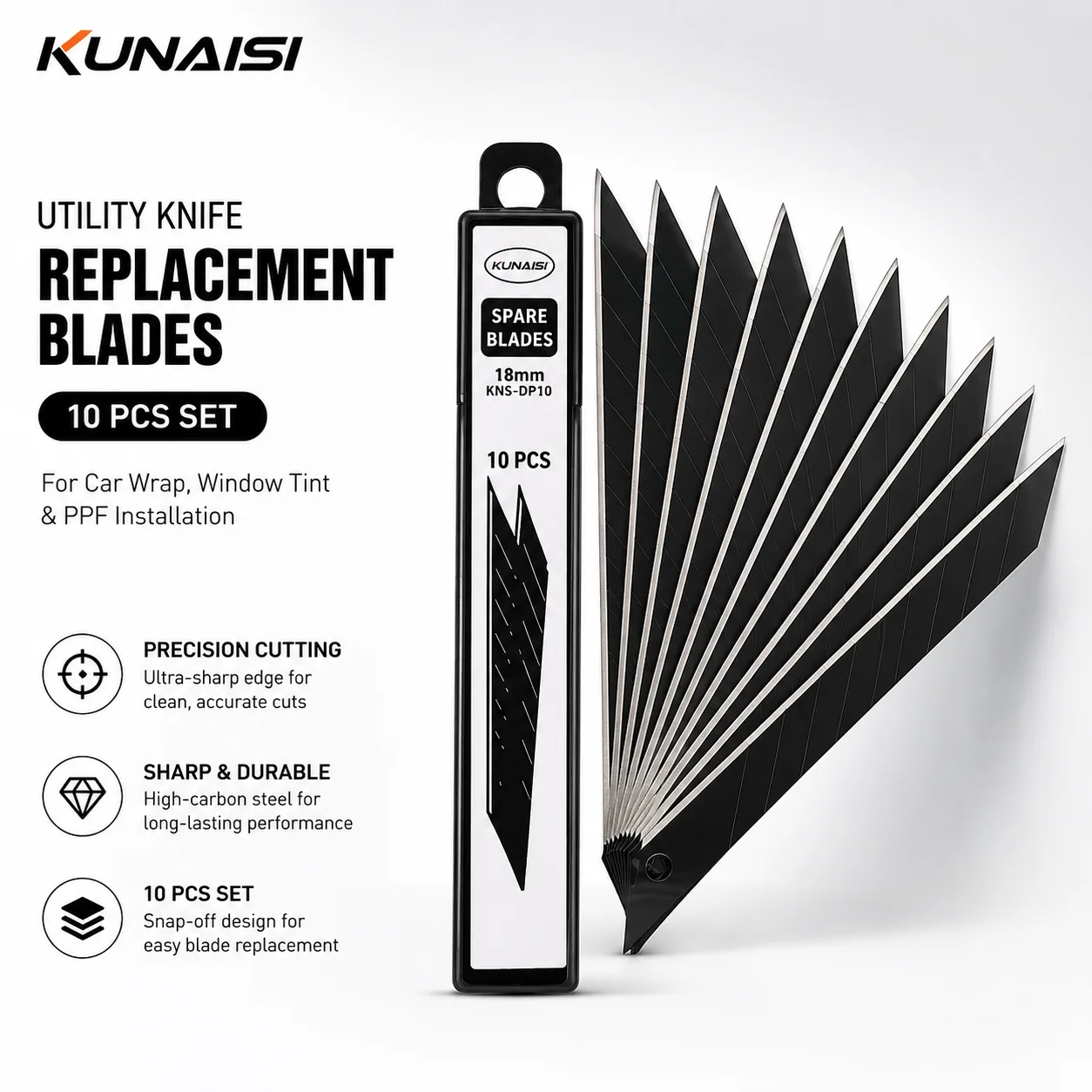 KUNAISI 10PCS 30 Degree Black Snap Off Utility Knife Blades Precision Replacement Cutter Blades for Vinyl Wrap PPF Window Tint