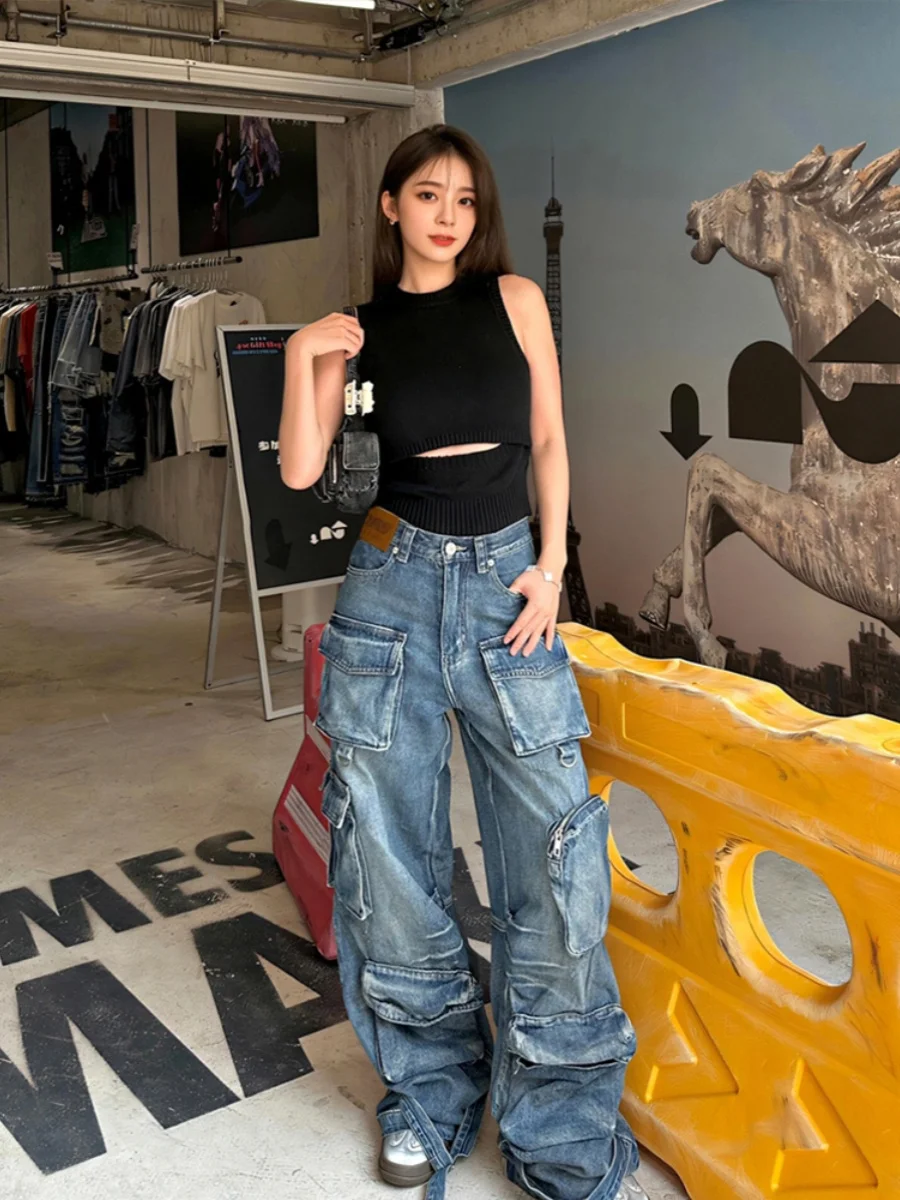 

Fuyuan Blue Workwear Jeans Women's Spring Autumn New Trendy American High Street Wide Leg Pants Casual Style Natural Waist