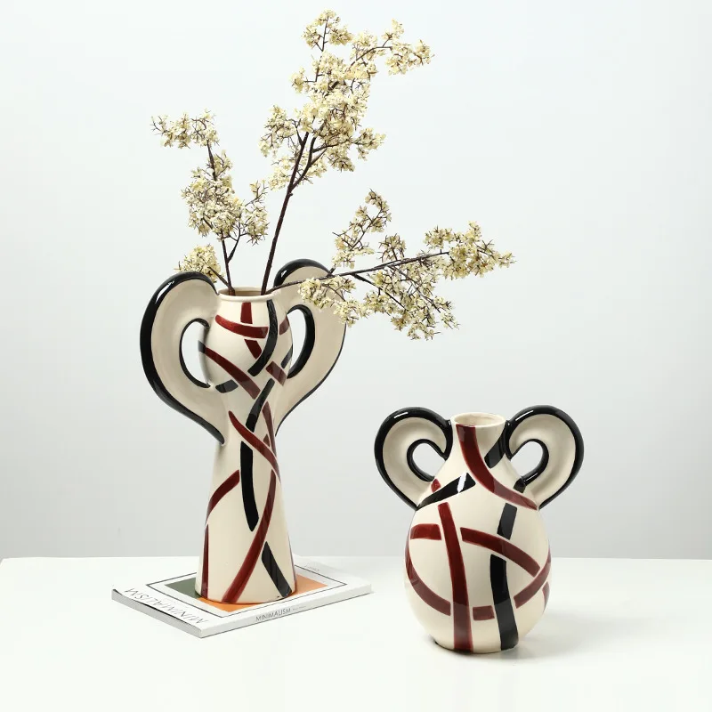 Nordic Modern Hand‑Painted Line Ceramic Vase Big‑Ear Handle Vessel Designer Ornament for Living Room Entryway Sample House Decor