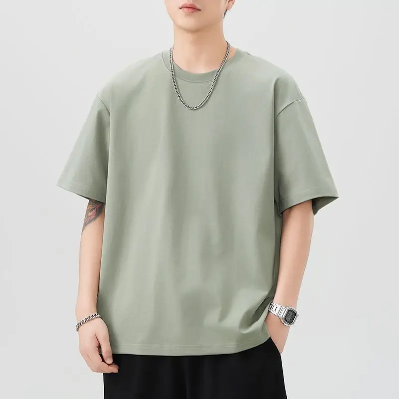 

Hong Kong Style Solid Color Summer Heavyweight Men's Short-Sleeve Loose Casual Simple Plain Breathable New