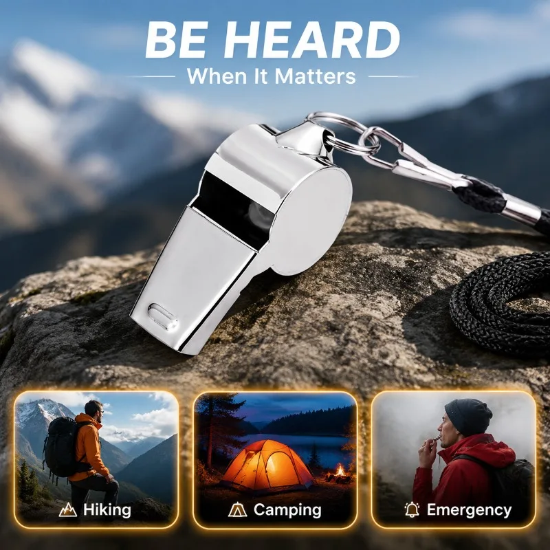 304 Stainless Steel High Pitch Emergency Whistle Neck Lanyard Included for Wilderness Survival Sports Match Referee Command Loud