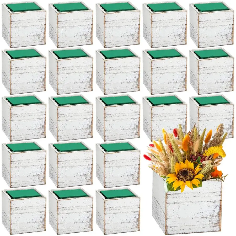 

24 Sets Wooden Cube Planter Boxes for Centerpiece 4 Inch Flower White Wood Rustic Square Vase with Removable Plastic Liner Flora