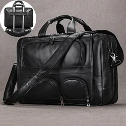 Luufan-maletín de negocios de cuero genuino para hombre, bolso de mano de 17 pulgadas para ordenador portátil, de piel de vaca suave, bolso de hombro grande para oficina, color negro