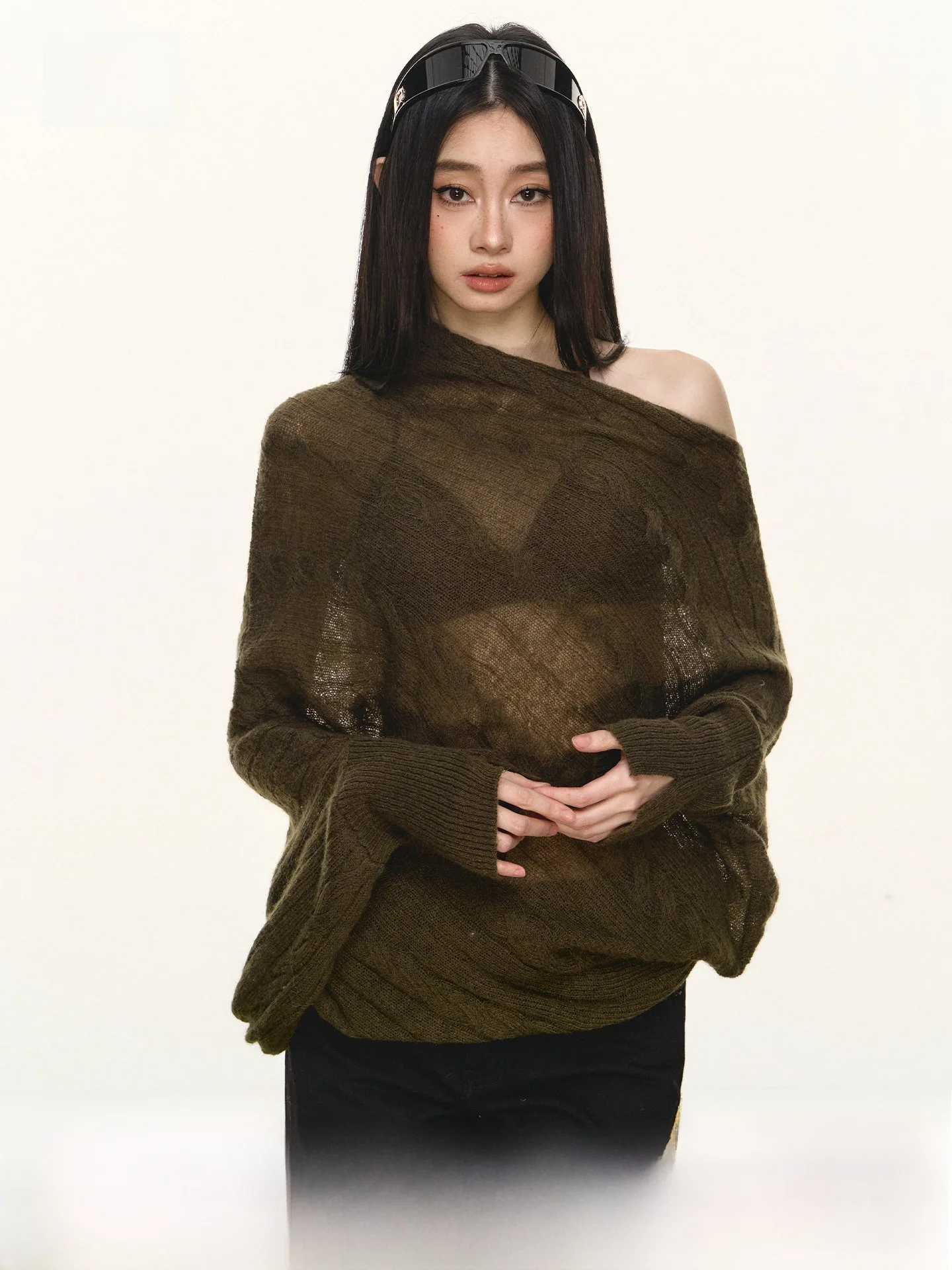 

Anna Aneae Casual Loose Fit Long Sve See-tough oulder Bared Women's Sle Hot Girl Pure Desire Ele Spring New Arrival