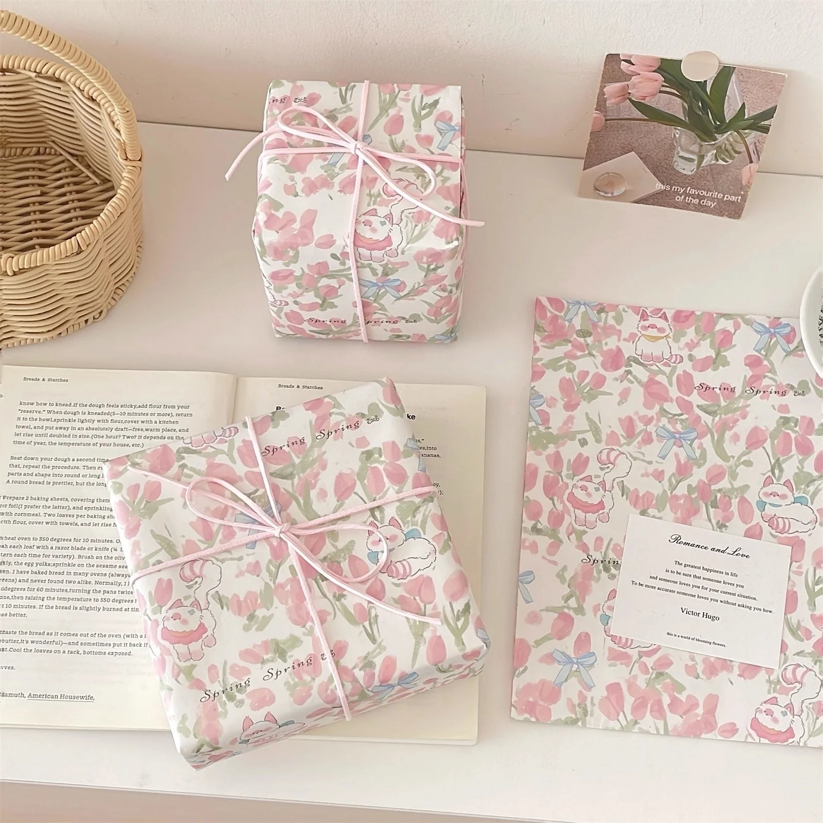 6 أوراق من ورق تغليف توليب الزهور الربيعية، ورق هدايا وردي لطيف لديكور أعياد الميلاد، أوراق تعبئة الهدايا، حشو صندوق الهدايا #2