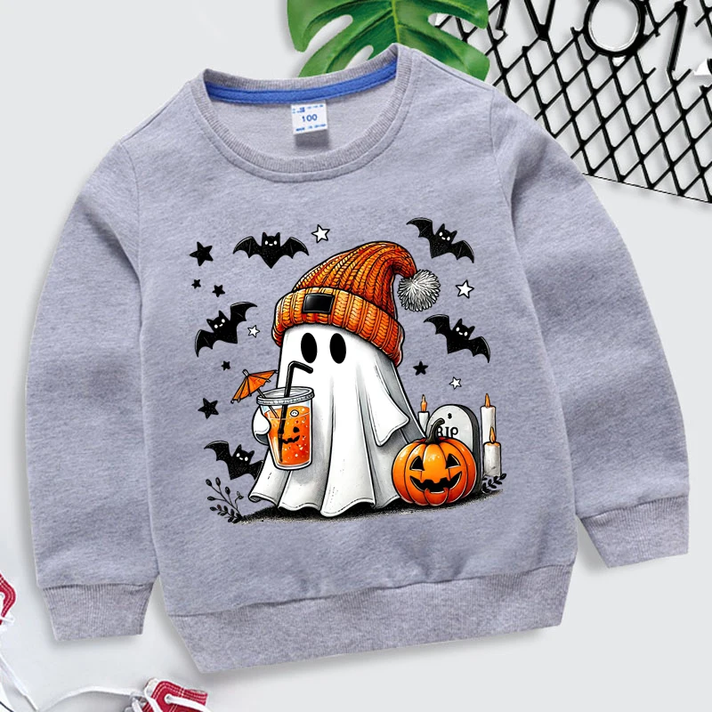 Children's Halloween Ghost Pumpkin Bat Sweatshirt, Pulôveres com o pescoço, Outono, Inverno, Crianças, Rapaz, Meninas