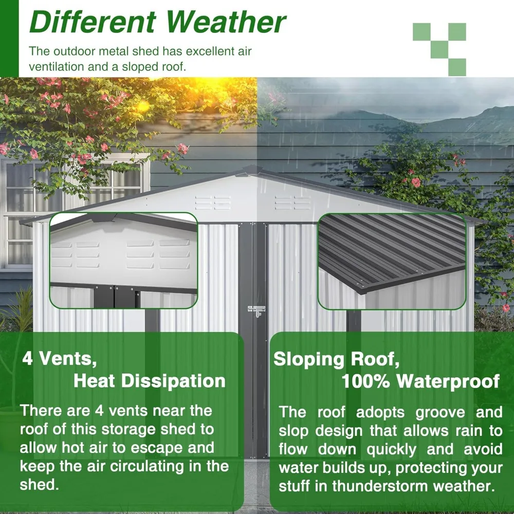 Cobertizo de almacenamiento para exteriores de 10 x 8 pies, cobertizo de almacenamiento de metal con puertas dobles abatibles, cobertizo de jardín de acero galvanizado impermeable