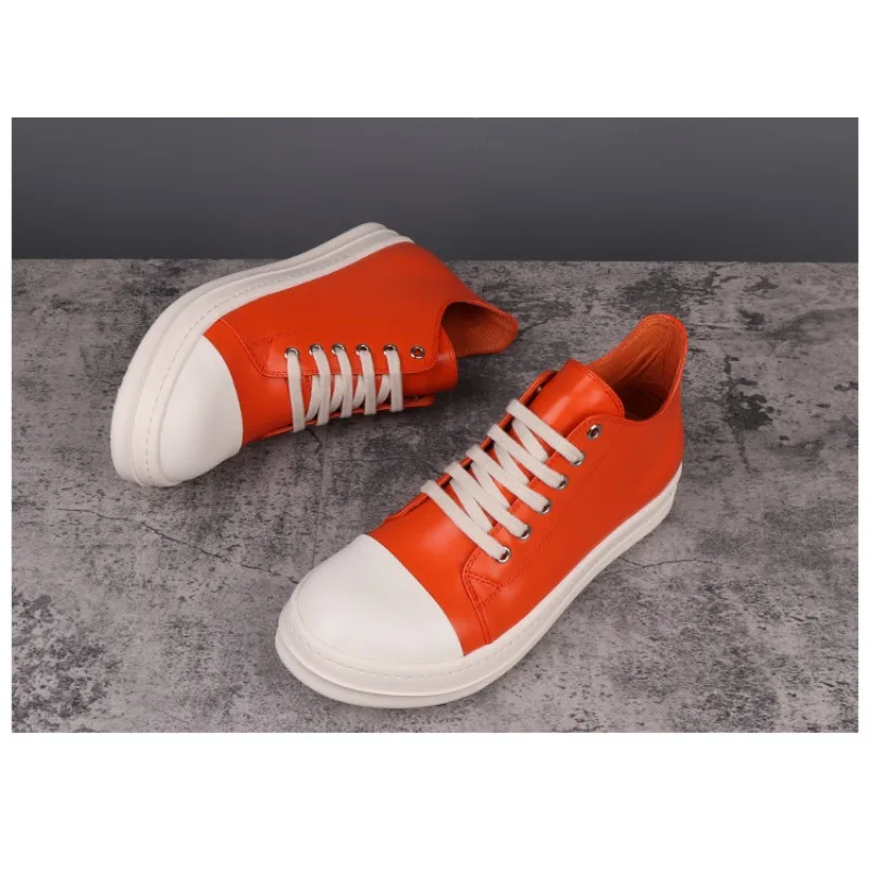 

High Street Orange Leather Fashion Casual Sneakers Versatile Height-increasing Low-top Leather Shoes
