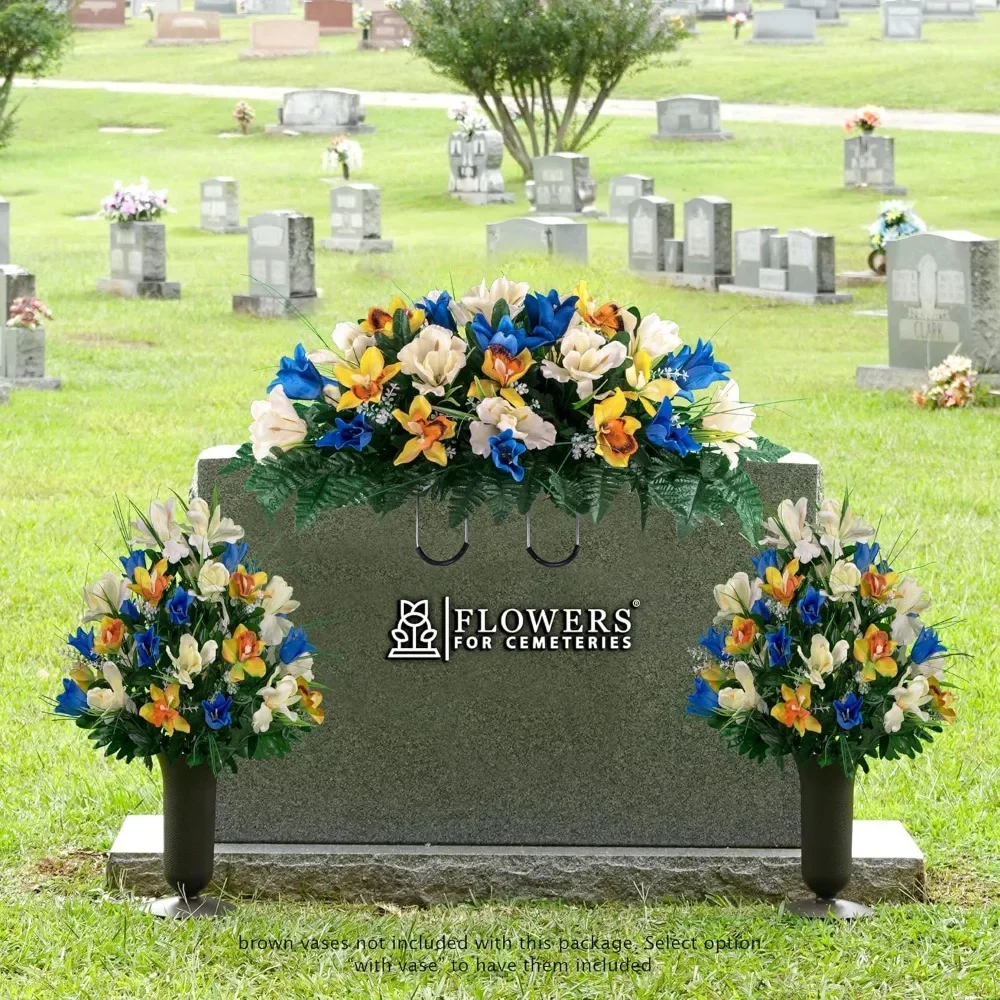 

Artificial Cemetery Flowers – Realistic Vibrant Tulips Outdoor Grave Decorations-Tulip White Iris Bouquet and Matching Saddle