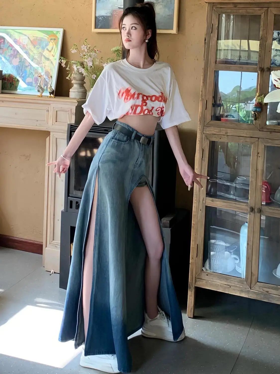 Fille changement progressif personnalité coréenne Denim jupe fendue été américain rétro irrégulière taille haute polyvalent moyen longues jupes