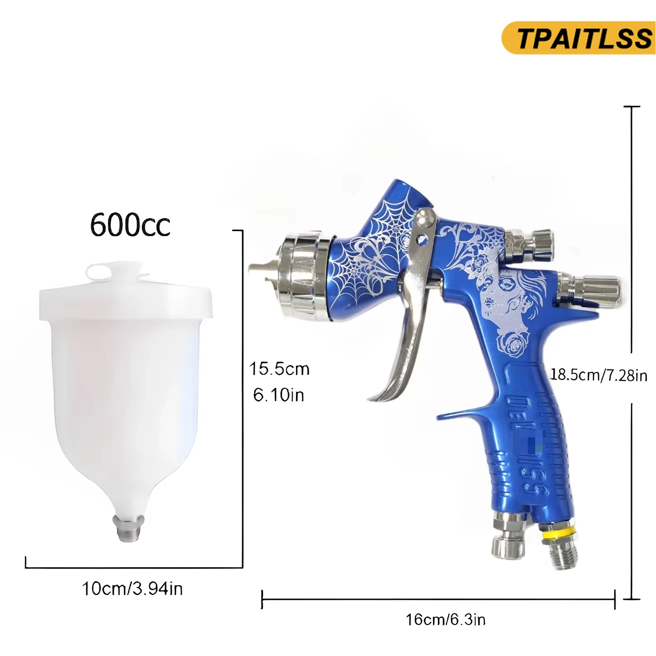 

Tpaitlss GT Pro Lite Blue Carved 1.3mm Nozzle Original 600cc Pneumatic Spray Gun Professional Grade.