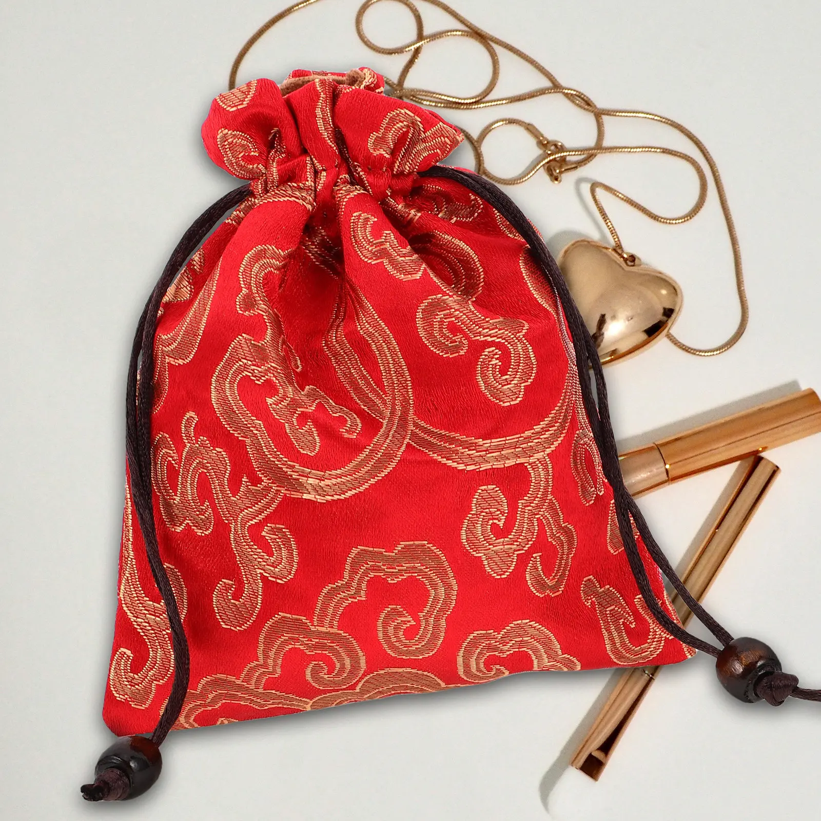 Handmade Chinese Brocade Silk Embroidered Drawstring Pouch for Singing Bowl Storage Jewelry Buddhist Beads Meditation Travel