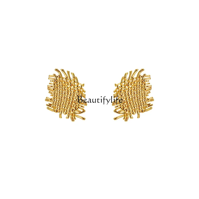 

Retro Metal Woven Stud Earrings, Gold, Exaggerated, High-End, Elegant, Luxury, High-End