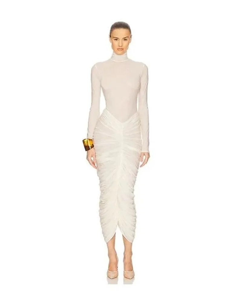 

White Ruffles Prom Dress High Neck Full Sleeves Elegant Long Party Gown Holiday Formal Wedding Birthday Office Lady Guest Robe