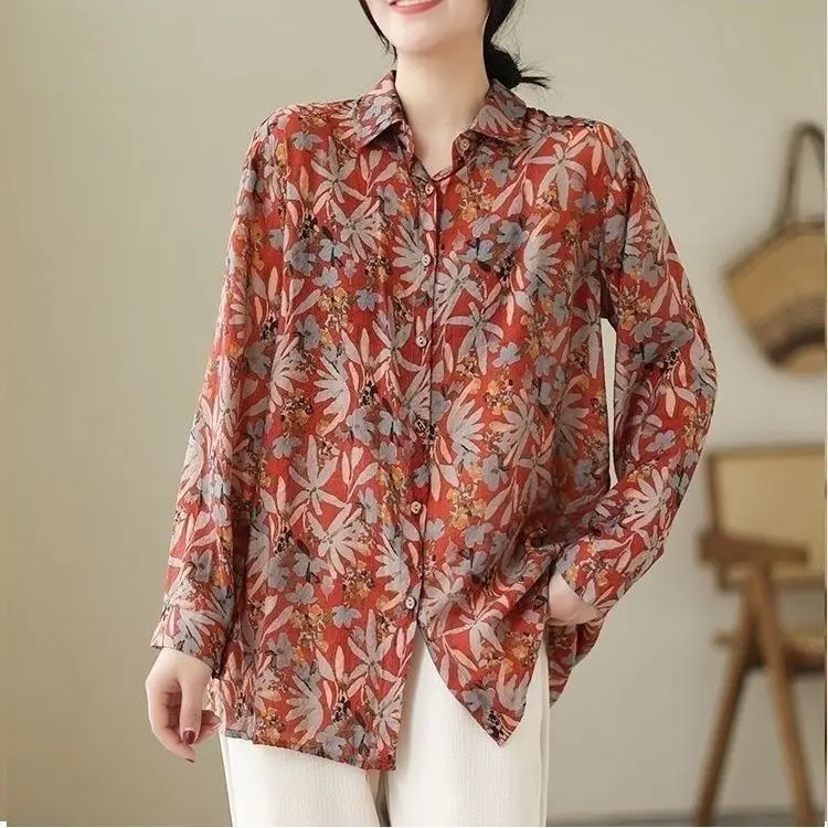 Retro Design Niche Loose Slimming Floral Long Sleeved Shirt Women\'s Spring and Autumn Collar Versatile Casual Long Sleeves Shirt