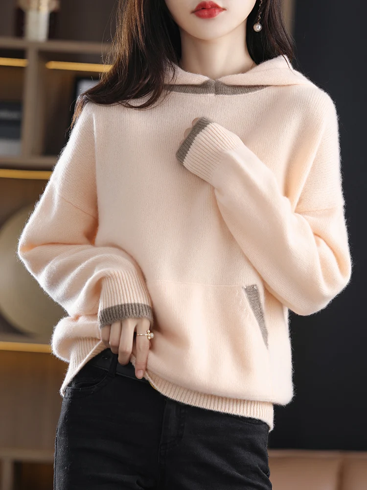 

Spring Autumn Winter Women Hooded Sweater 100% Merino wool Casual Long Sleeve Pullover Cashmere Knitted Coat Fashion Hoodie Tops