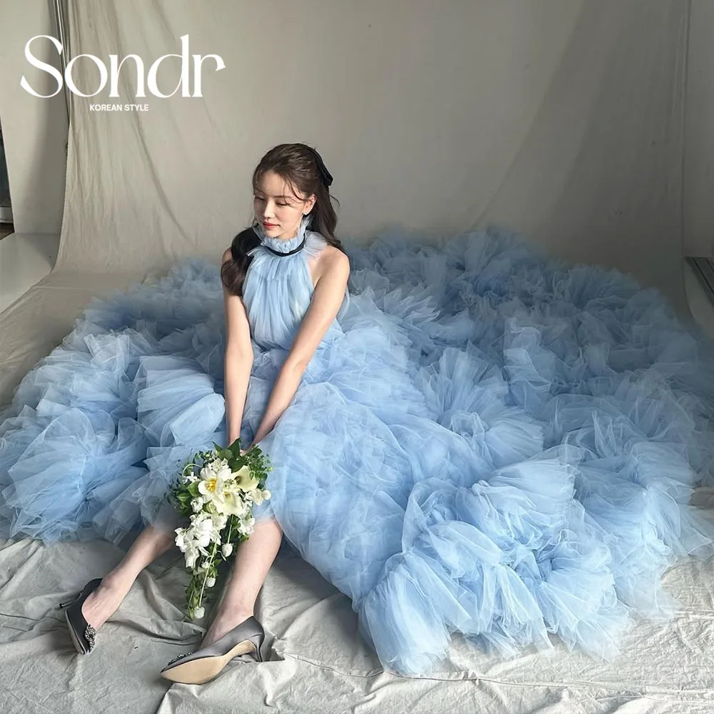 Sondr Himmelblaue O-Ausschnitt ärmellose koreanische Brautkleider, abgestufter weicher Tüll, japanische Hochzeits-Party-Kleider, individuelles Abendkleid