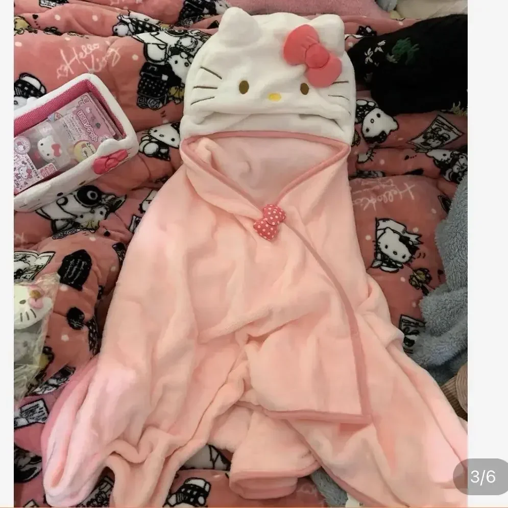 

Cartoon Hellokitty Air Conditioning Blanket Hooded Cloak Dormitories Office Blanket Shawl Home Furnishings for Homemakers