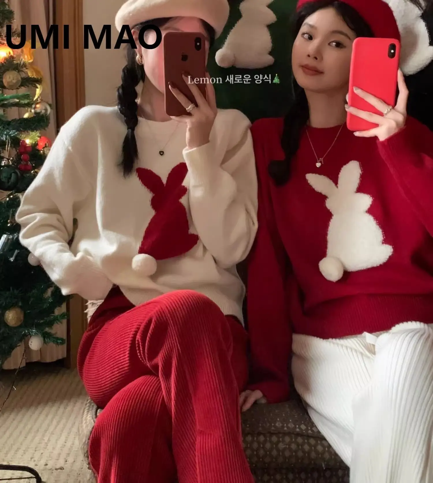 UMI MAO Autumn Winter New Bunny Round Neck Loose Sweater Women's Sweet Age Reducing Design Sense Pullover Knitted Sweater Top