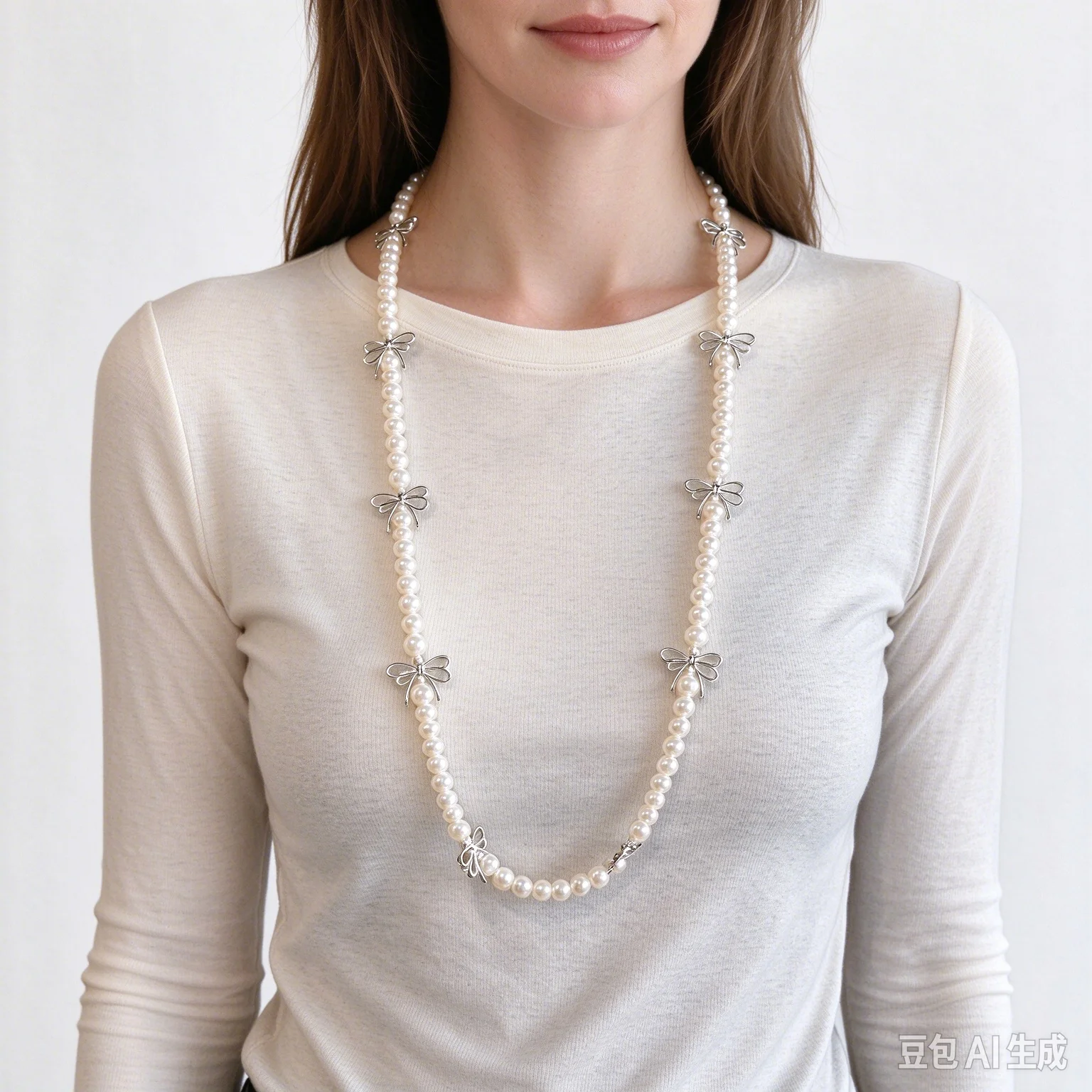 Women's Long Pearl Sweater Necklace Silver Bows 33