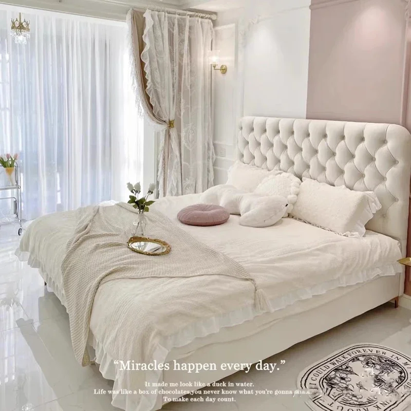 

White Cream Bed Safe Fashion Princess Sleeping Beauty Japanese Cheap Wooden Bed Comfortable Letto Matrimoniale Hotel Furniture