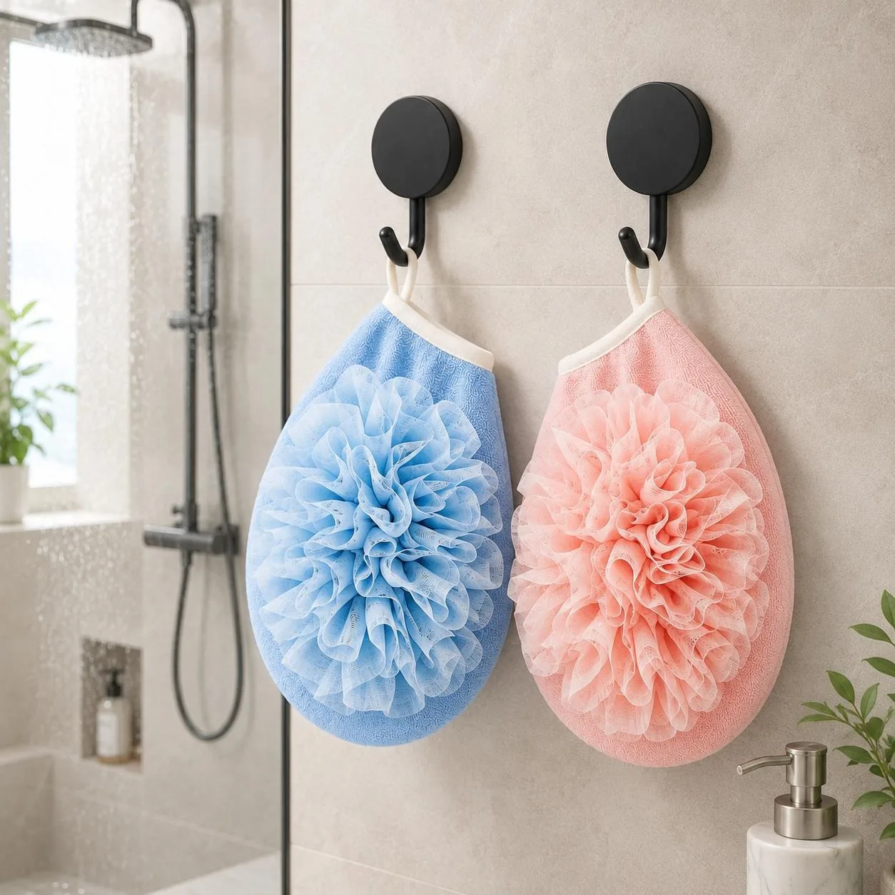 2Pairs Bath Gloves & 2Sets Hooks, Blue for Men Pink for Women, Double‑Sided Scrub Foaming Bathroom Kit