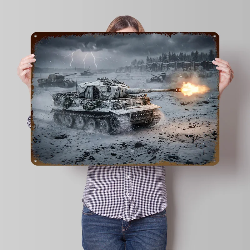 Tiger Tank Firing in Winter Landscape Metal Poster Customized Wall Art Retro Vintage Tinplate Signs for Garage Decorations House