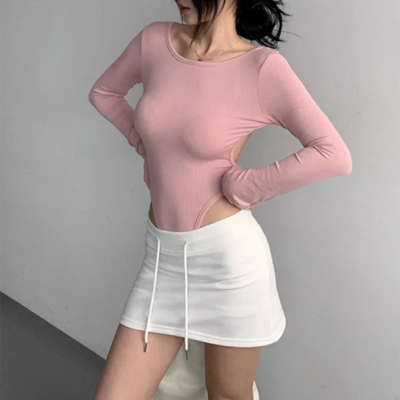 Rückenfreier, ausgehöhlter, würziger Mädchen-Body mit Schnürung, langärmeliges, hoch geschnittenes, einteiliges T-Shirt für Damen, sexy, tägliches Sport-Unterhemd