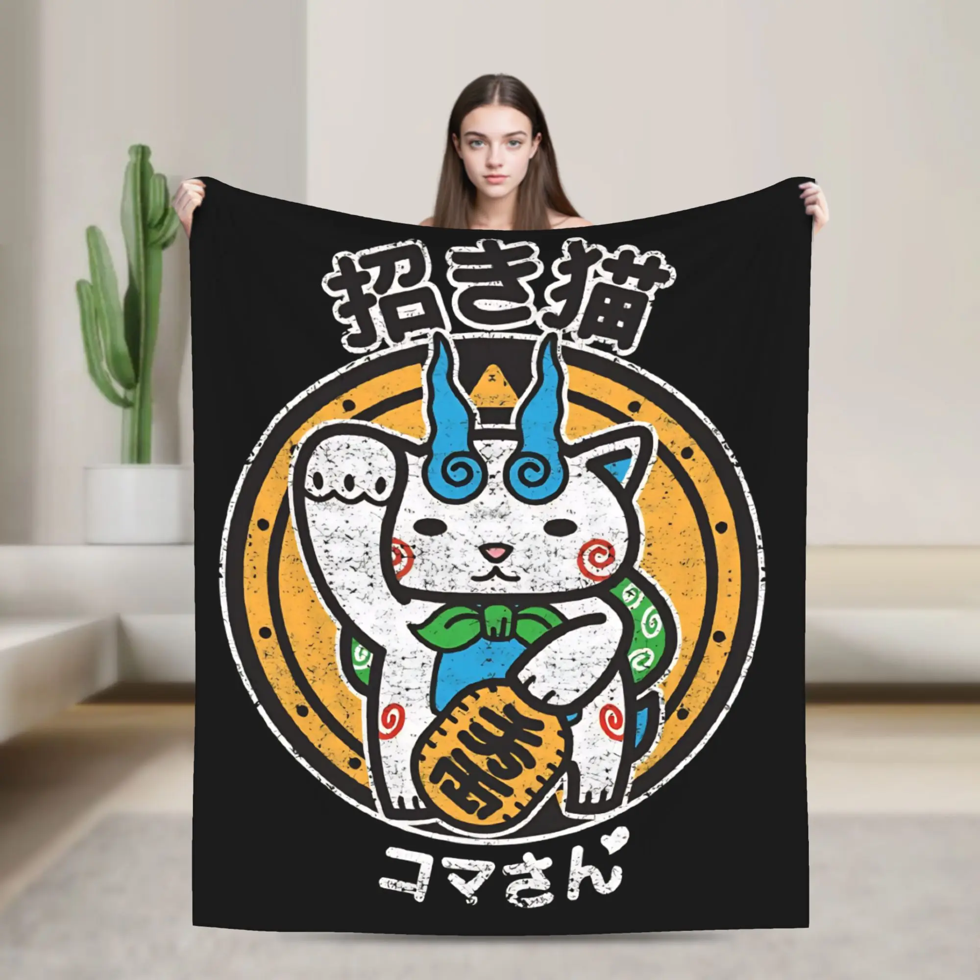 Yokai Watch Game Knitted Blanket Fleece Komasan Ultra-Soft Throw Blankets for Airplane Travel Bedroom Quilt
