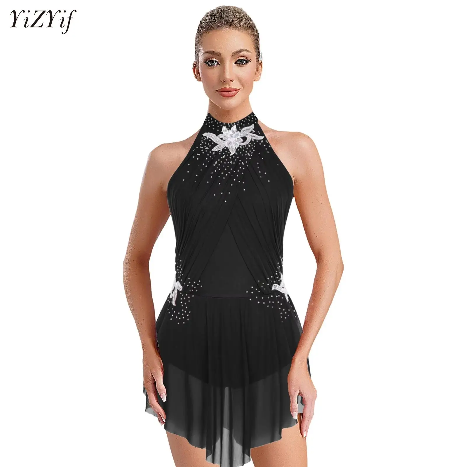 

Embroidery Figure Skating Dress Women Lyrical Dance Performance Costume Glittery Rhinestones Gymnastics Leotard Ballet Dancewear