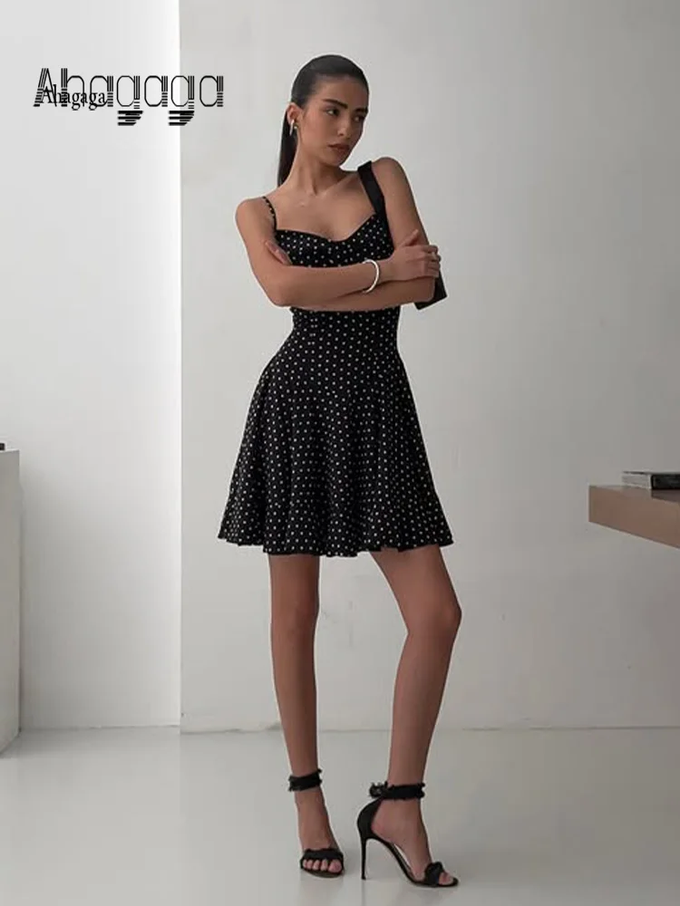 Ahagaga Polka Dot Women's Mini A-Line Dresses Straps Slim Fit Summer Fashion V-Neck Regular Causal Female Mini Vestidos Robes