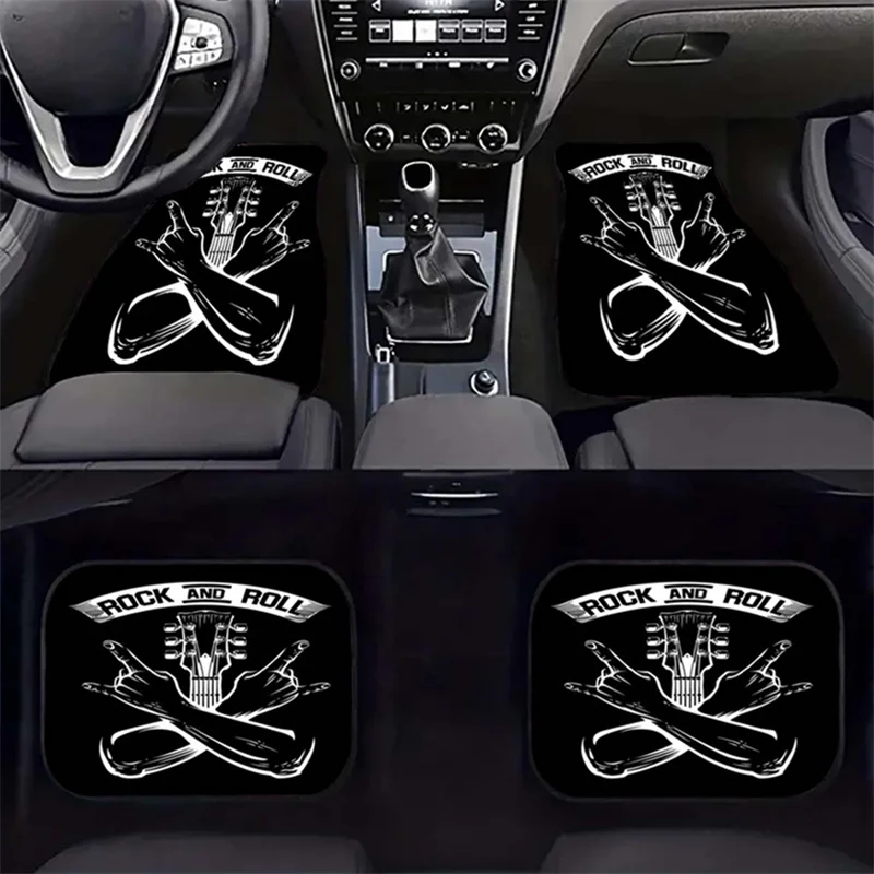4pcs Rock And Roll Car Floor Mats With Classic Guitar & Devil Horns Design - Durable Polyester, Easy To Clean, Fit For Driver/Pa
